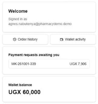 The customer's app: a payment request waiting, the wallet balance, order history and wallet activity