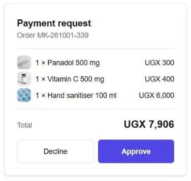 A payment request on the customer's phone: the items, the total, and Approve or Decline