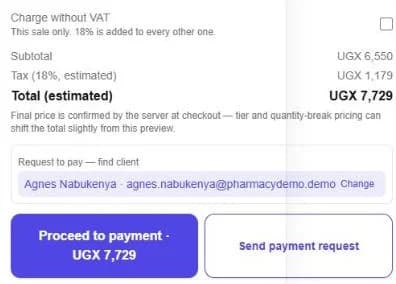 The cart with a customer chosen, and the Send payment request button