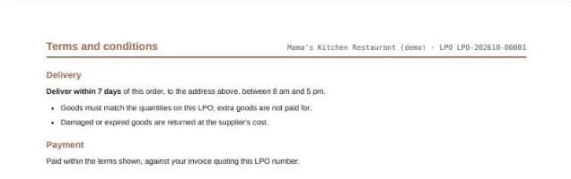 The terms and conditions page of an LPO: delivery and payment terms