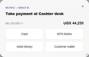 Take payment at the cashier desk, with the amount due and the ways to pay