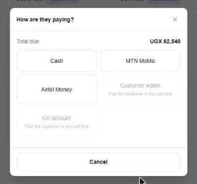 How are they paying? Cash, MTN MoMo, Airtel Money, customer wallet and on account