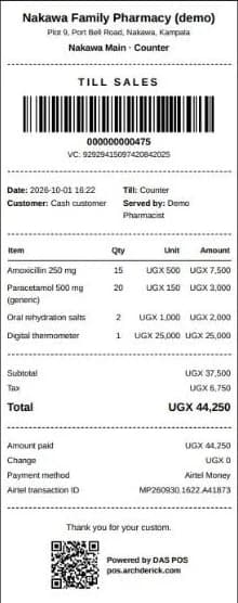 A receipt paid by Airtel Money, showing the Airtel transaction ID, a barcode and a QR code