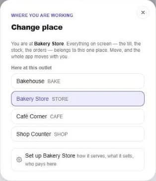 Change place: the bakehouse, the store, the café and the shop counter at one branch