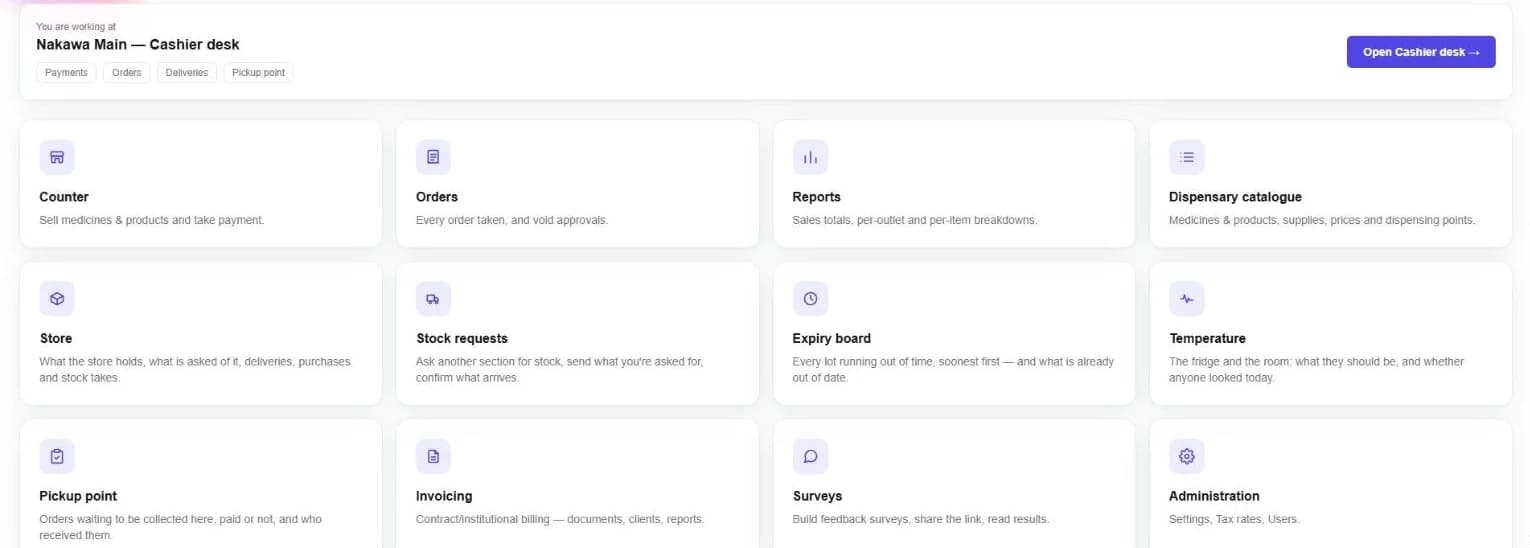 The home screen of a pharmacy: where you are working, and the counter, orders, reports, store and other places to open