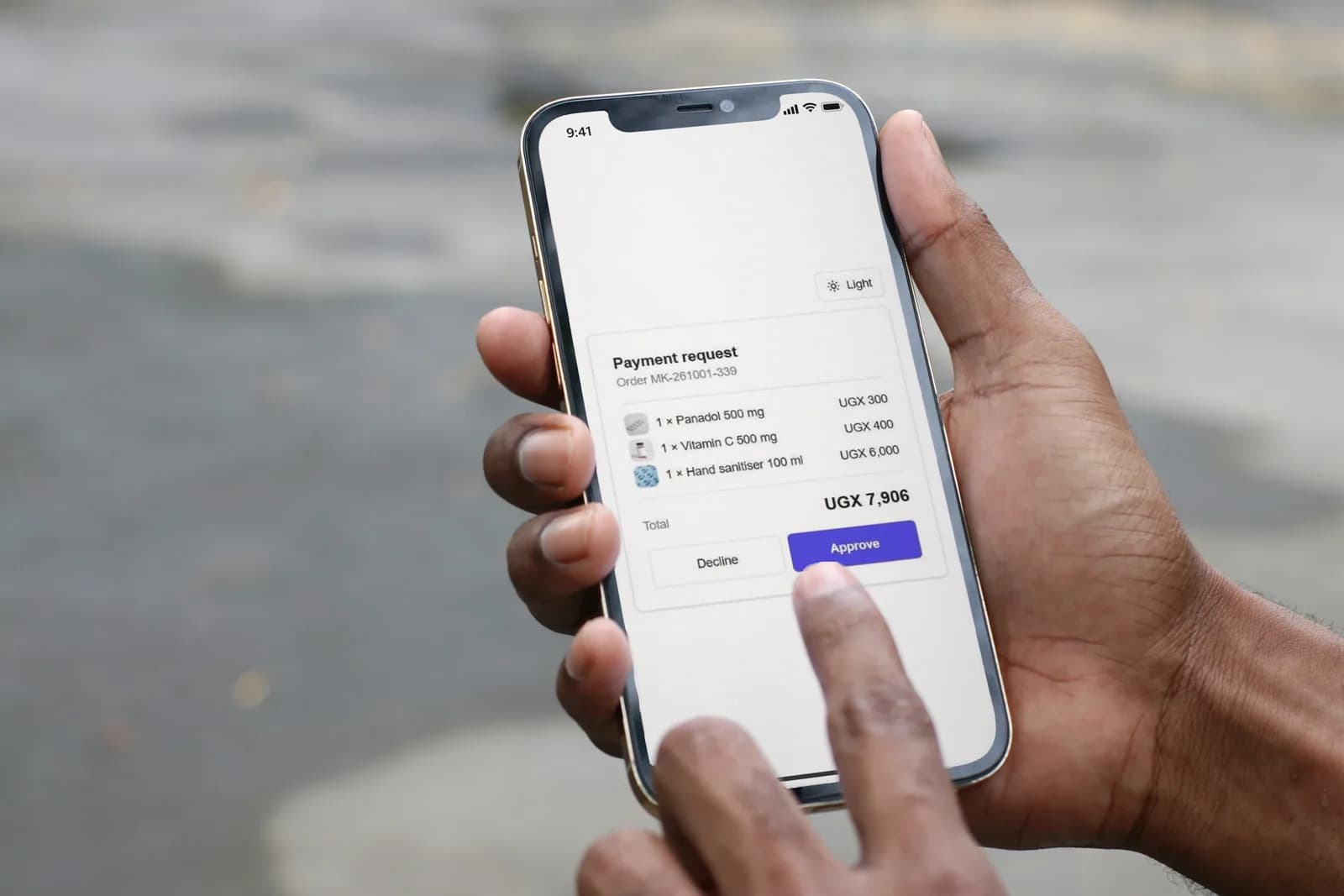 A customer approves her bill from her own phone