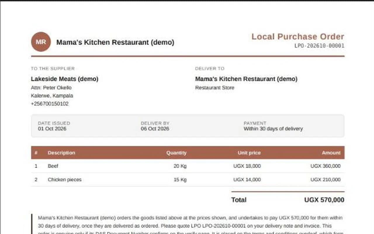 A Local Purchase Order in the business's own design